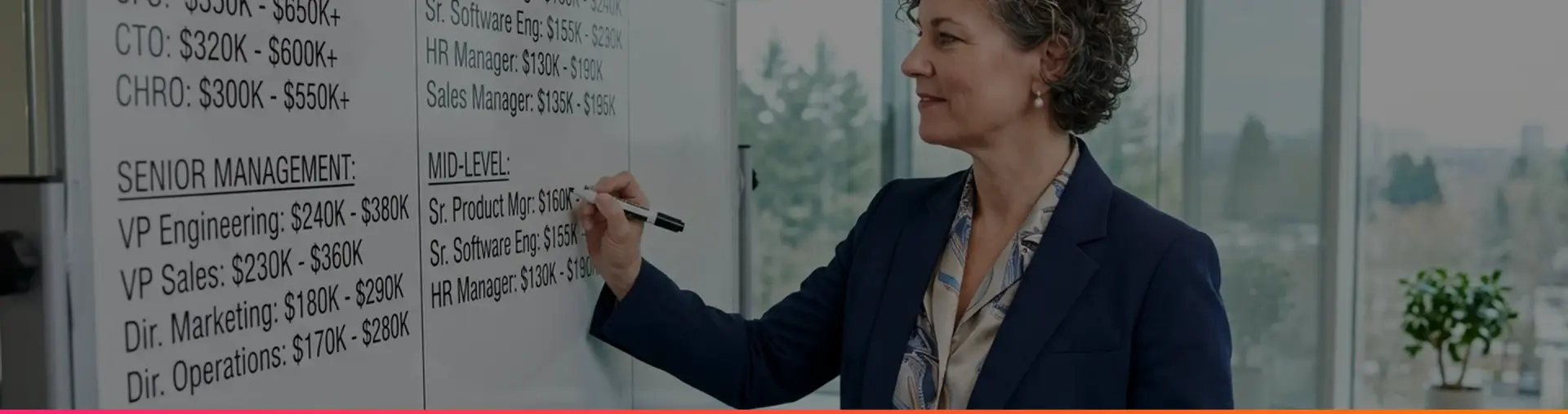A woman writing salary bands by level on an office whiteboard during a compensation structure review