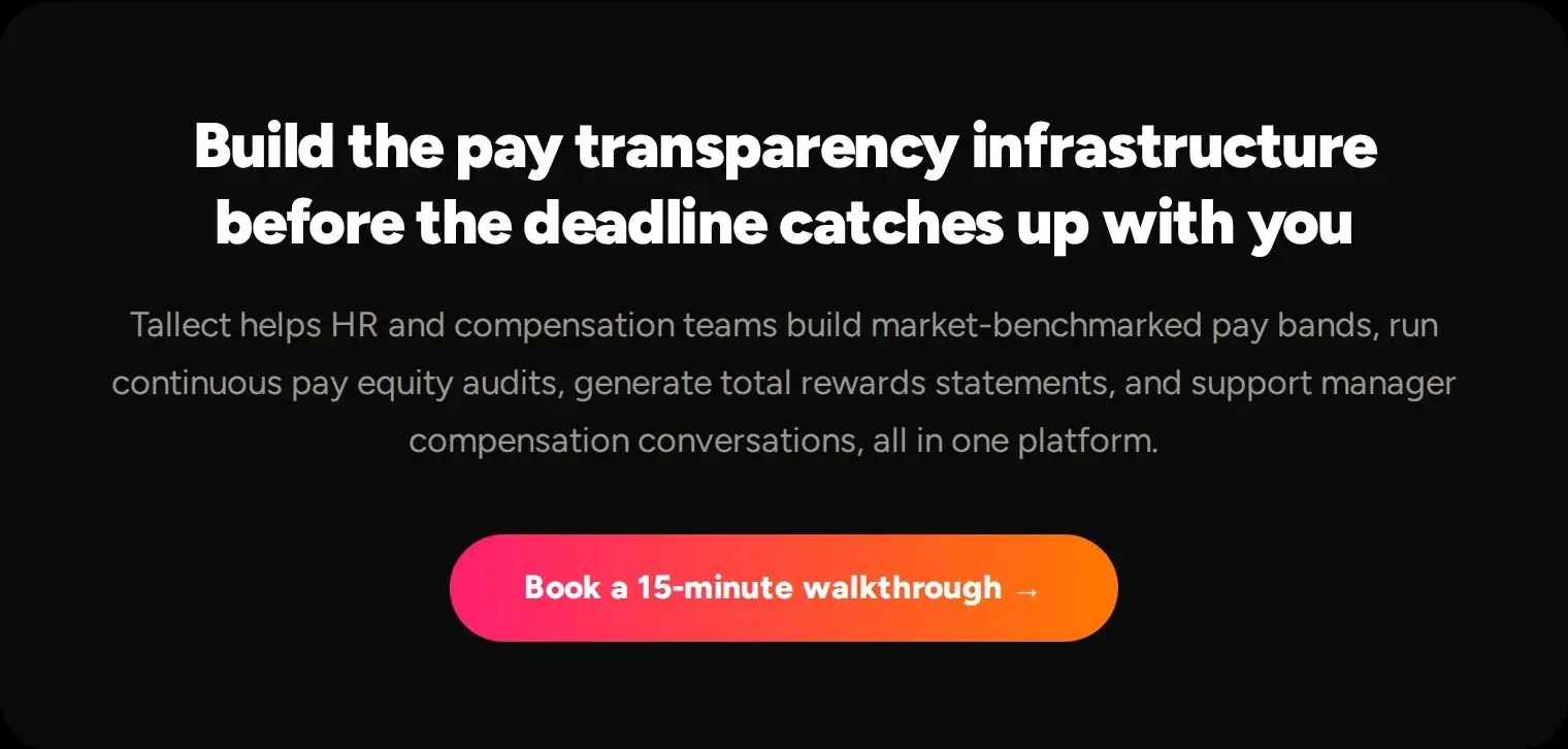 A banner inviting HR teams to build pay transparency infrastructure with Tallect and book a 15-minute walkthrough