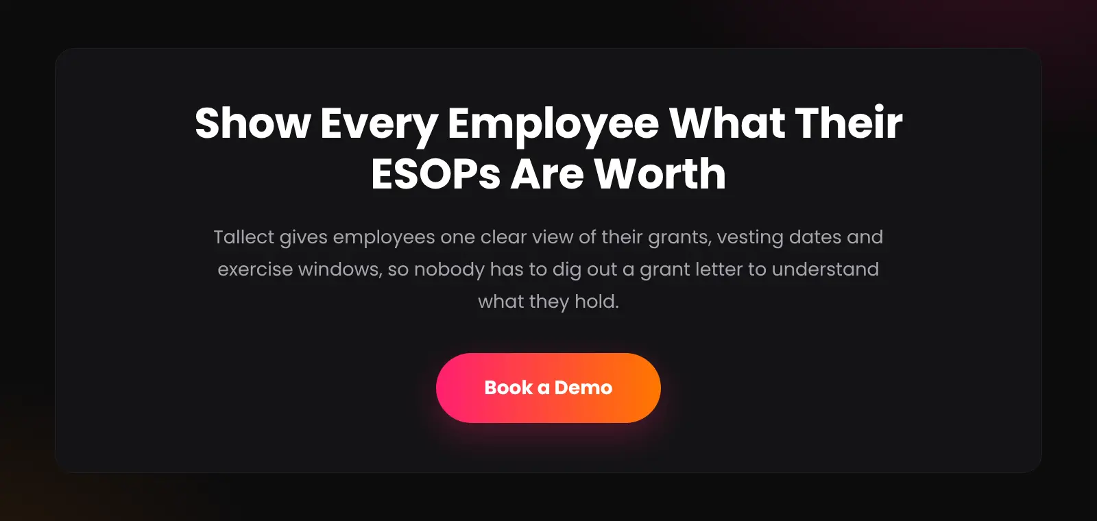 Call to action reading “Show Every Employee What Their ESOPs Are Worth” with a Book a Demo button