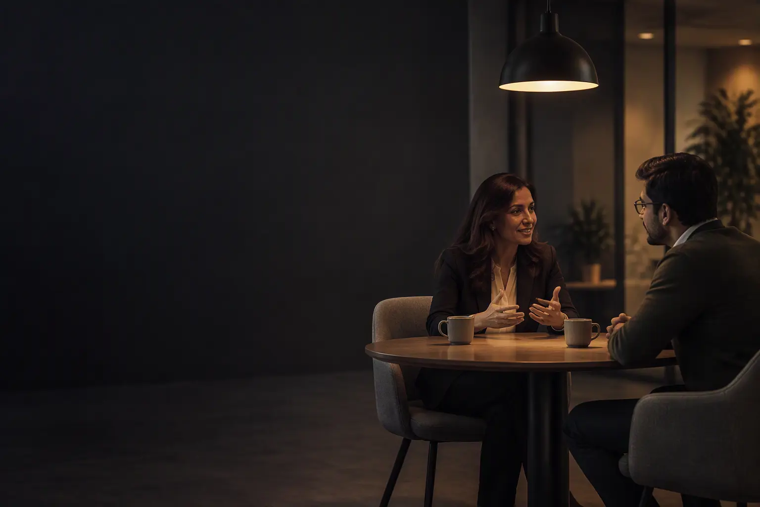 An HR partner walks an employee through a printed total rewards statement at a meeting table.