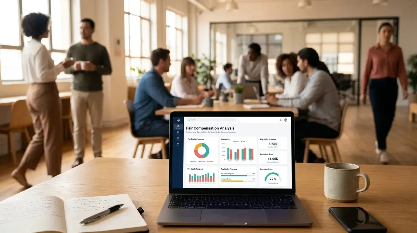 A laptop showing a fair compensation analysis dashboard on a desk in an open-plan office
