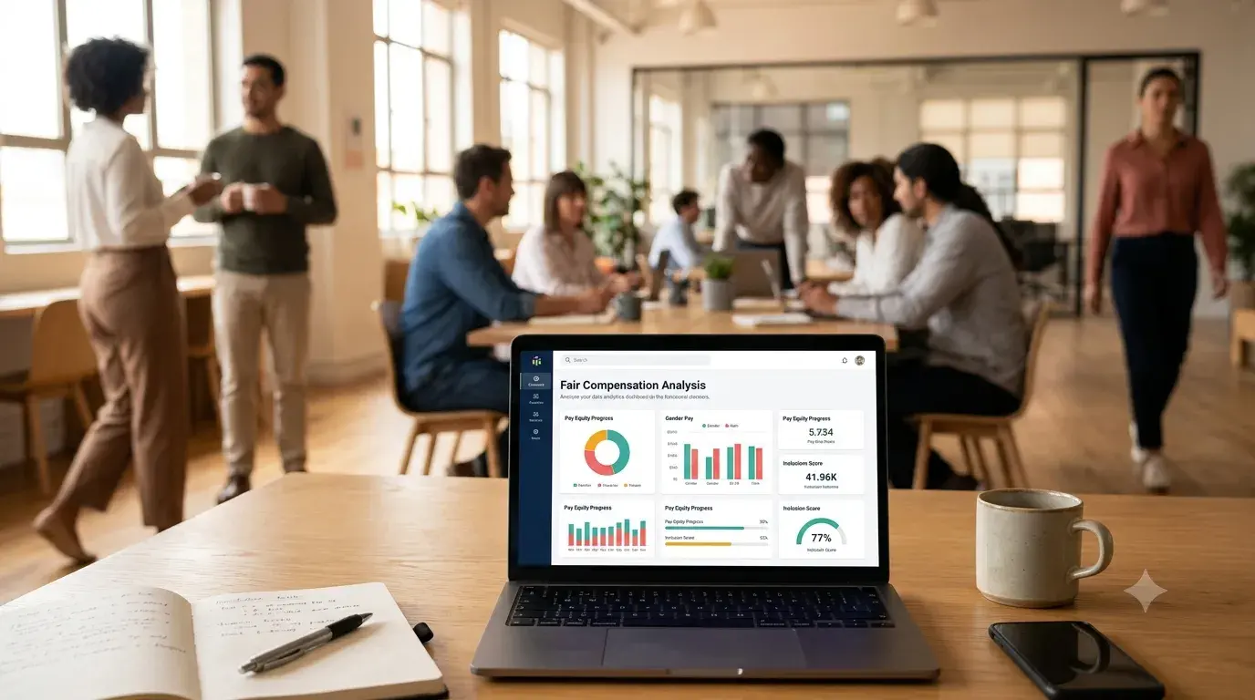 A laptop on a wooden table shows a fair compensation analysis dashboard, with colleagues talking in the background.