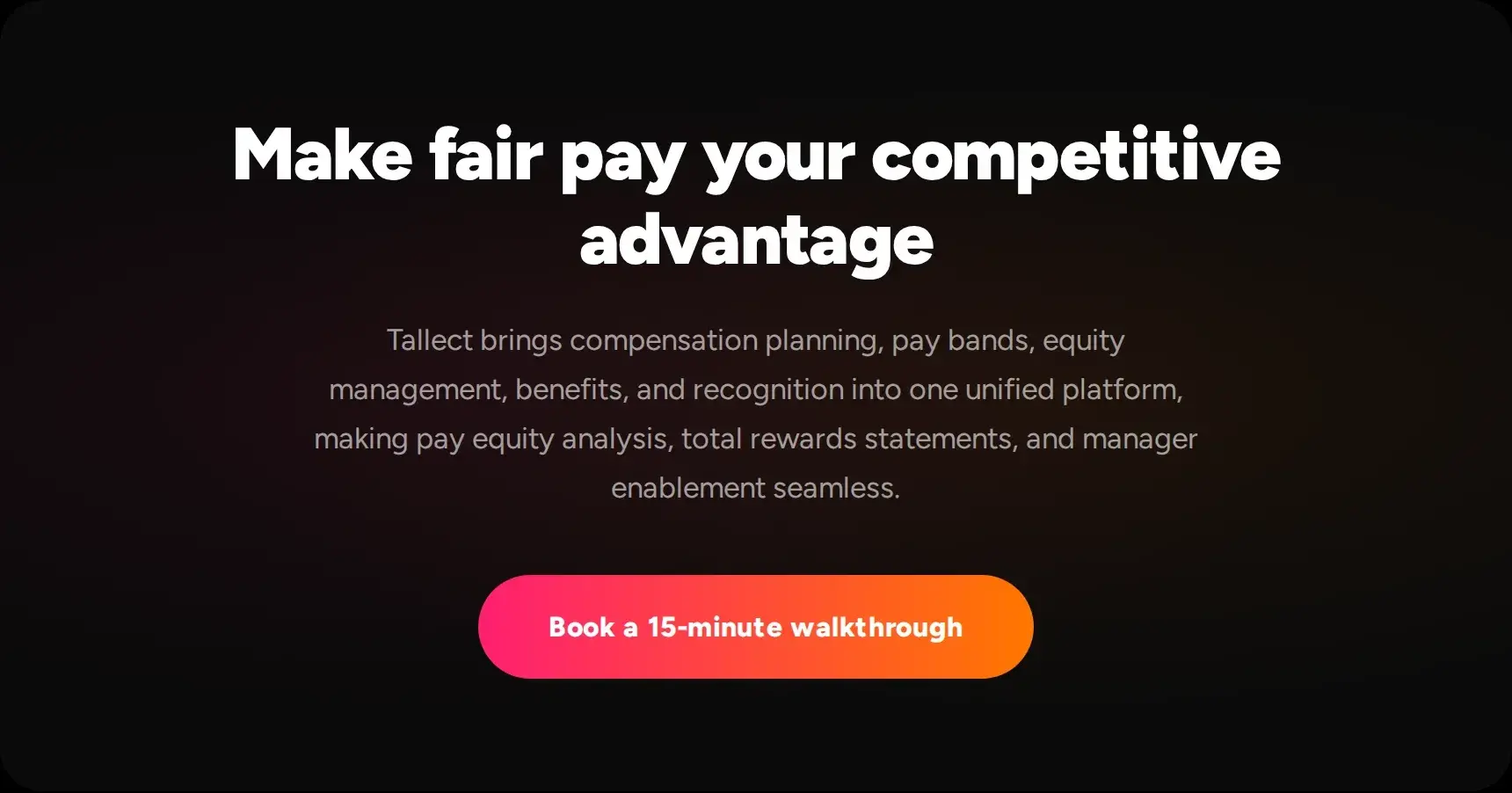 Tallect banner reading "Make fair pay your competitive advantage" with a Book a 15-minute walkthrough button