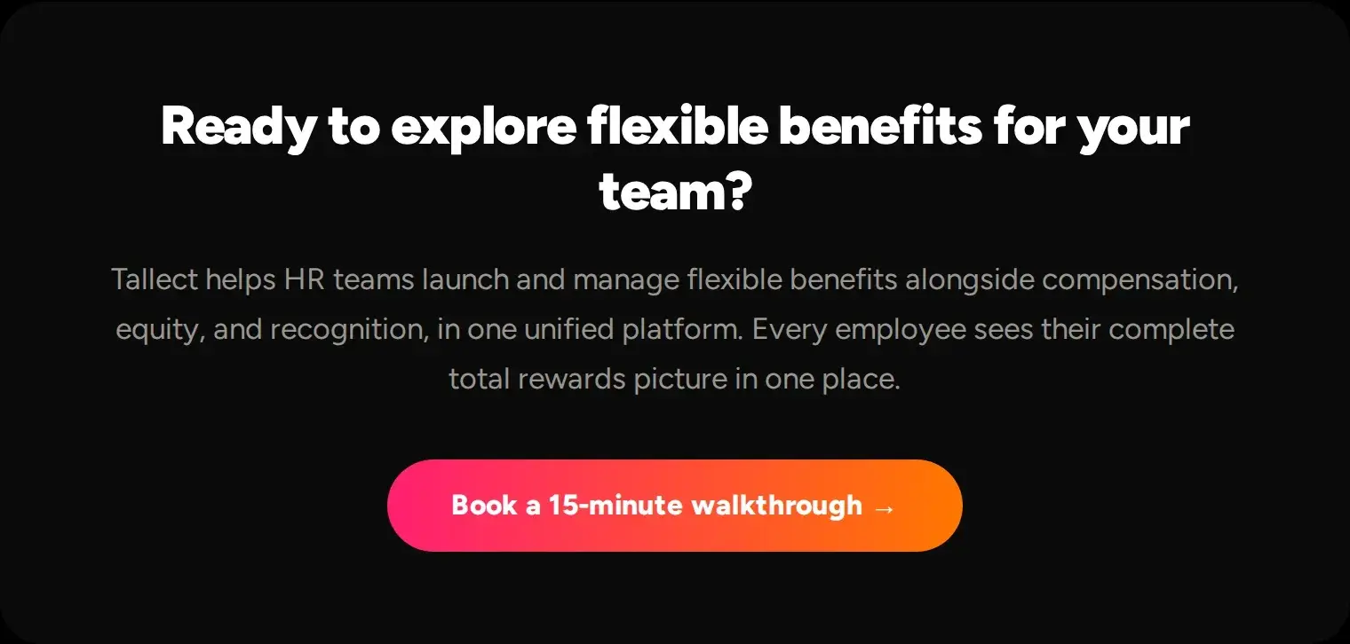 A banner inviting HR teams to explore flexible benefits with Tallect and book a 15-minute walkthrough.
