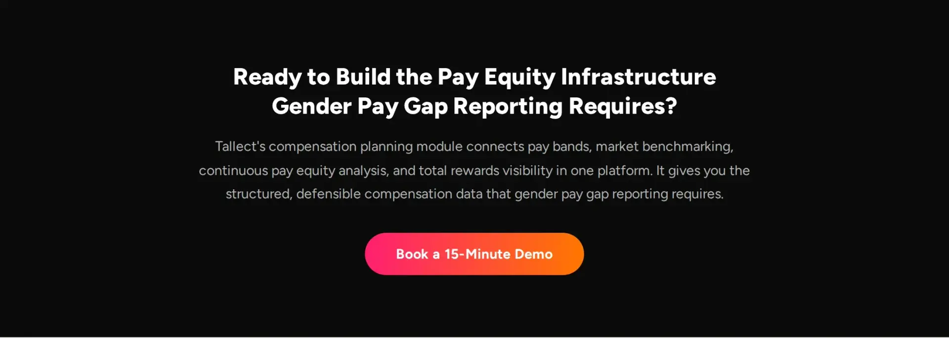 A banner inviting readers to build pay equity infrastructure for gender pay gap reporting and book a 15-minute Tallect demo.]