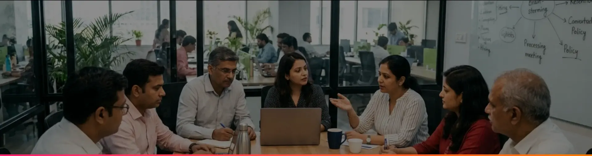 A leadership team talks around a meeting table in a busy open-plan office