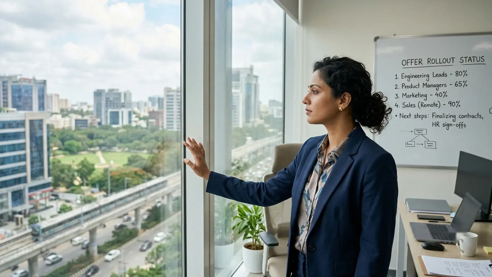 An HR manager looks out of an office window beside a whiteboard tracking offer rollout status by team