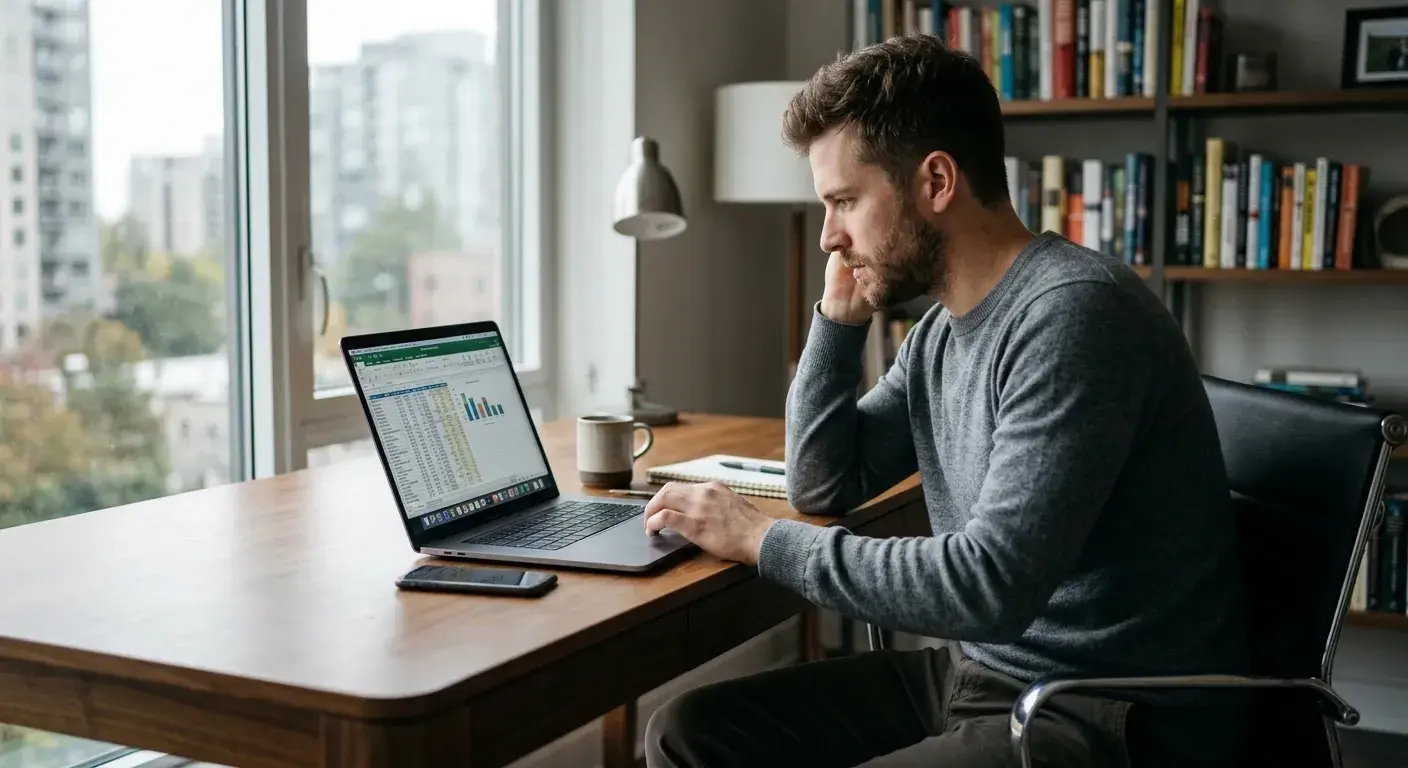 A man reviews a pay data spreadsheet and chart on a laptop at a home desk