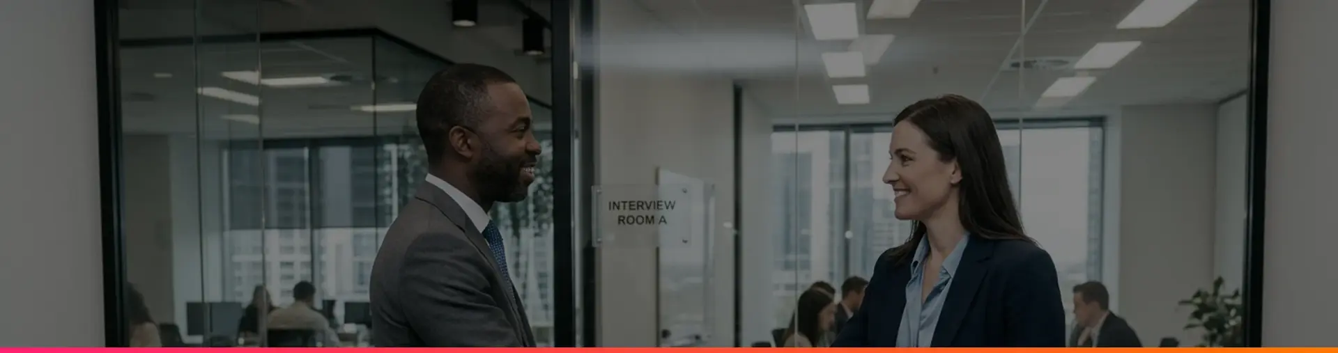 A man and a woman shake hands across a table in an interview room with glass walls
