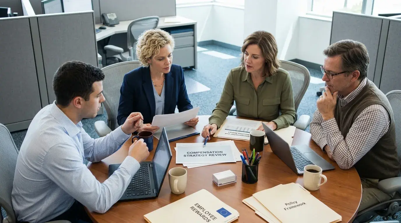 Four colleagues review compensation strategy documents and laptops around a round office table.