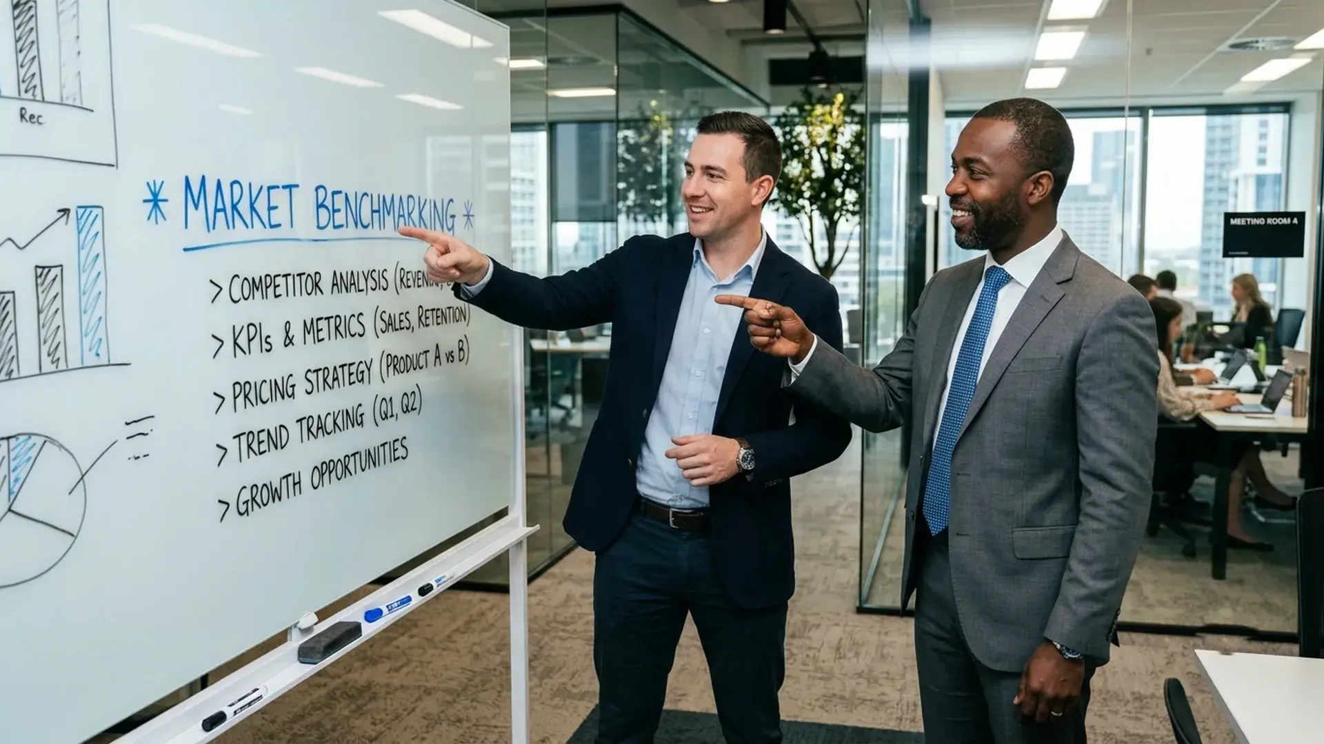 Two men in suits smile and point at a whiteboard headed Market
