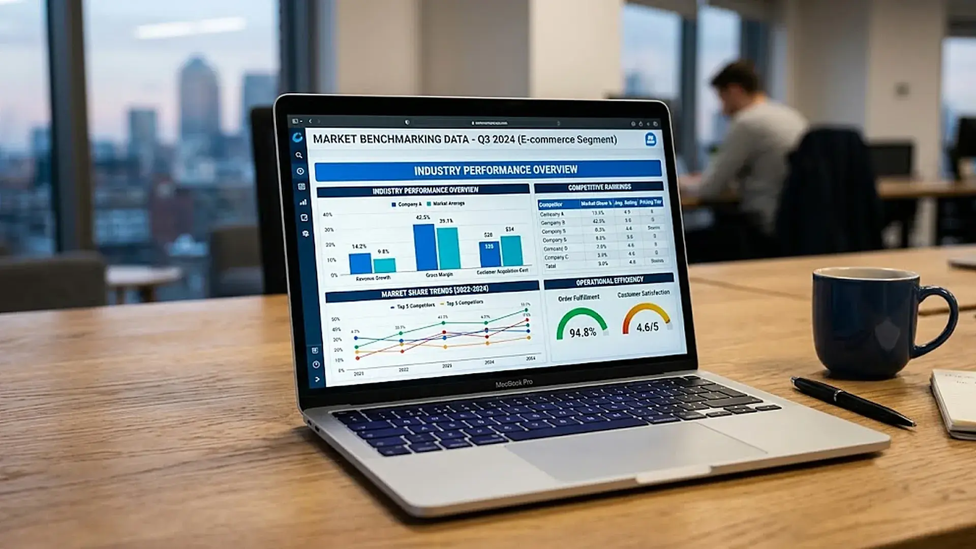 A laptop on a wooden desk shows a market benchmarking dashboard, with a mug, pen and notebook beside it and a colleague working in the background.