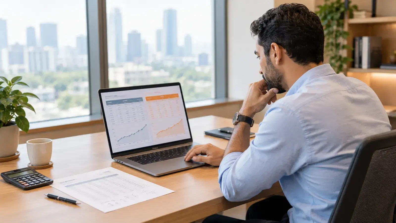 A compensation lead models two commission plan options on a laptop at an office desk