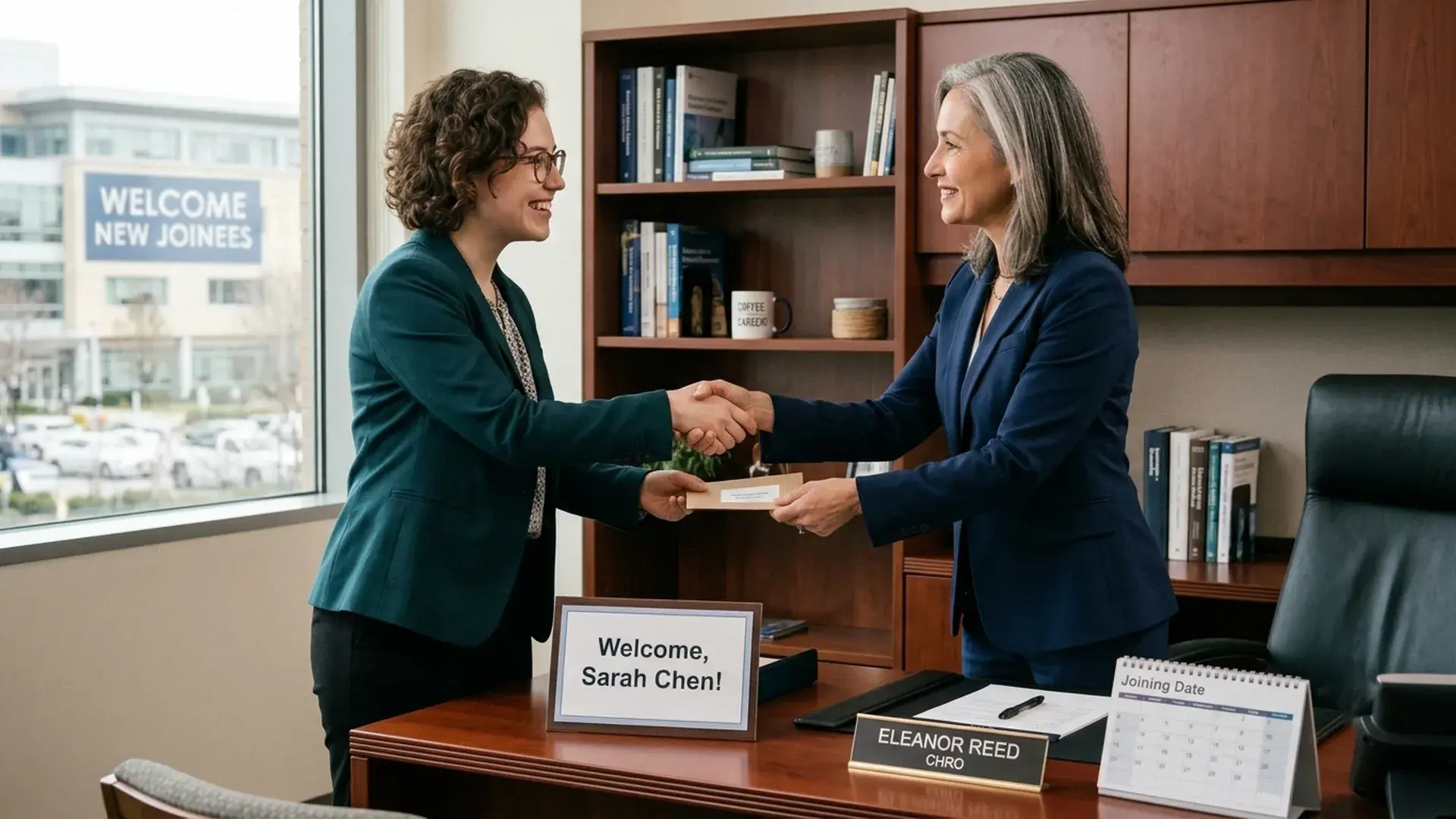 A new joiner shakes hands with the CHRO in an office with a "Welcome, Sarah Chen!" sign on the desk.