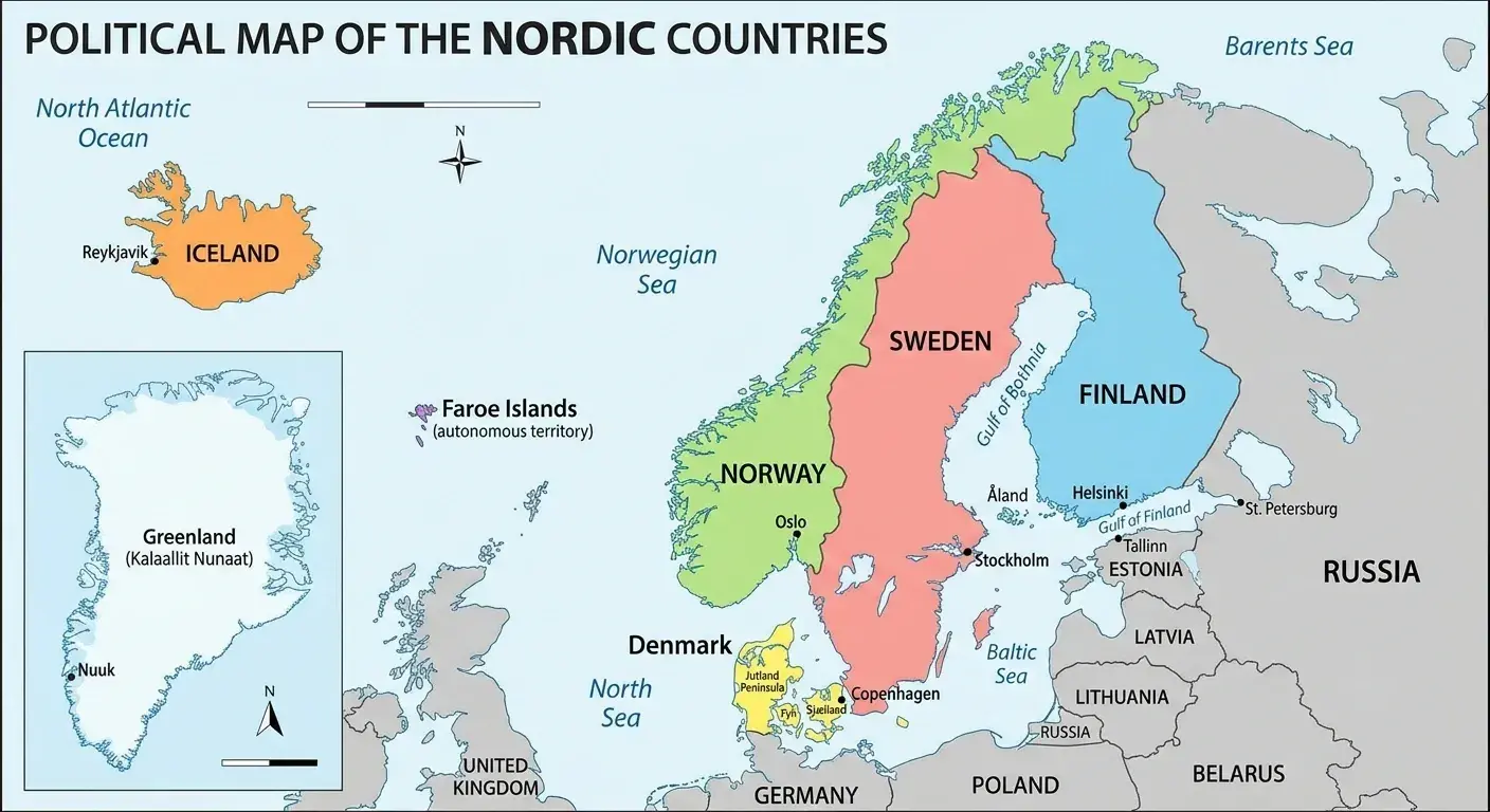 Political map of the Nordic countries showing Norway, Sweden, Finland, Denmark and Iceland.