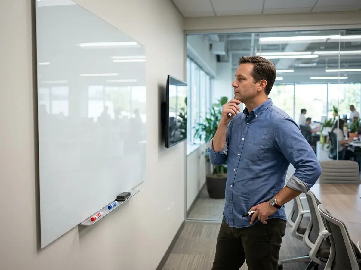 A man in a blue shirt standing in thought beside a whiteboard in an open-plan office.