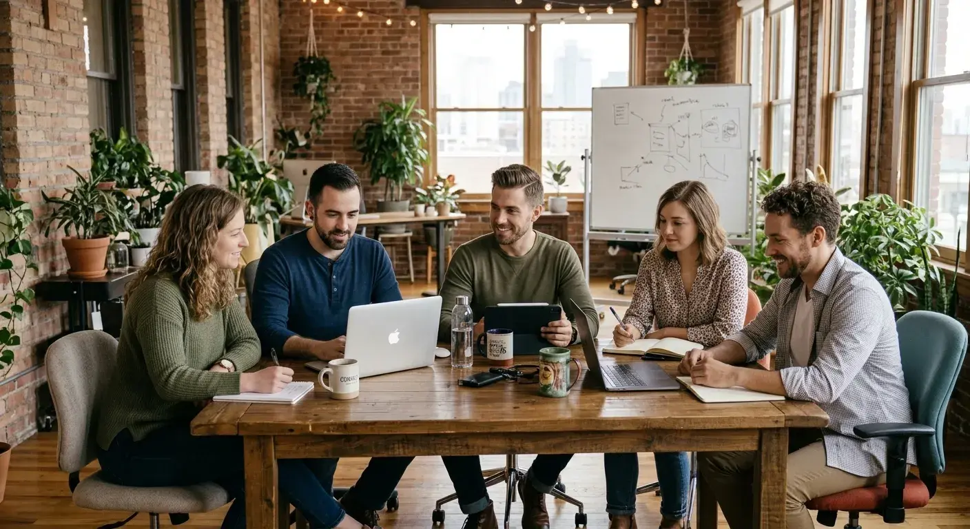 Five colleagues talk around a wooden table with laptops in a brick-walled office.