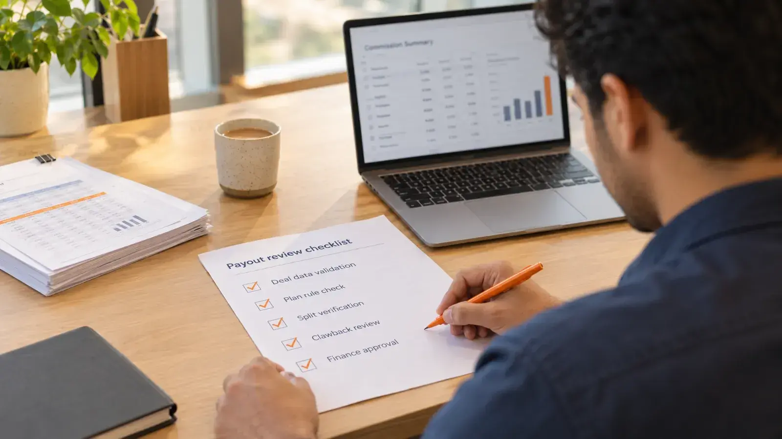 A finance analyst ticks off a payout review checklist beside a laptop showing commission figures.