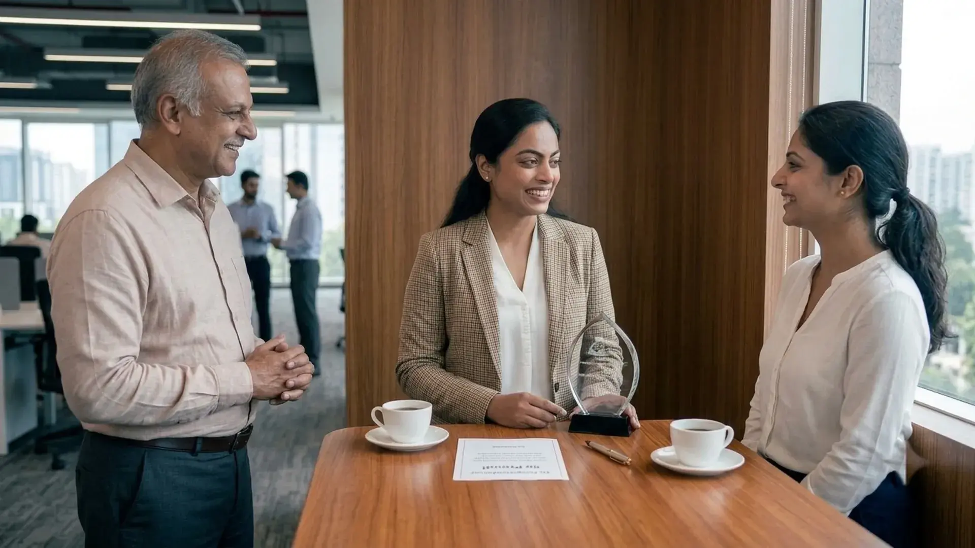 Three colleagues smile and talk around a high wooden table with coffee cups and a glass award in a bright office.