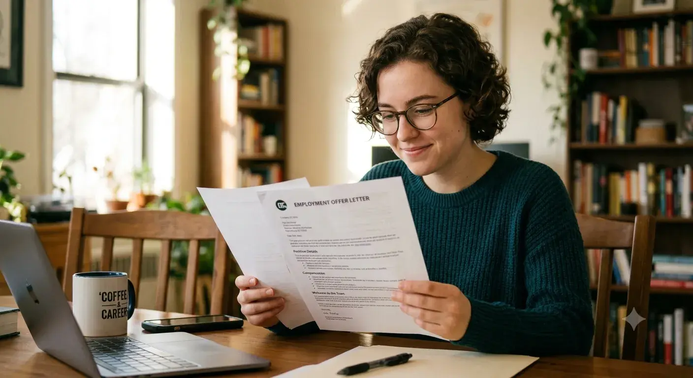 A smiling woman in glasses reads an employment offer letter at a wooden desk beside a laptop and a coffee mug.