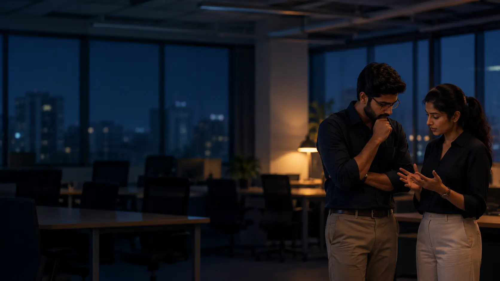 A finance lead and a founder review a cap table spreadsheet on a laptop at an office desk.