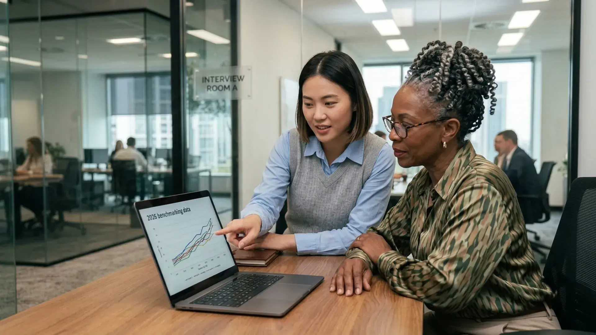 Two women at an office desk look at a laptop showing a 2026 benchmarking data chart.