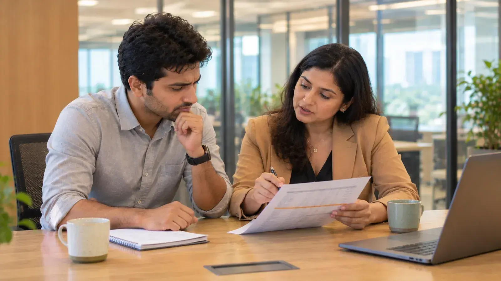 A sales rep and a sales operations manager go through a commission statement together at a meeting table