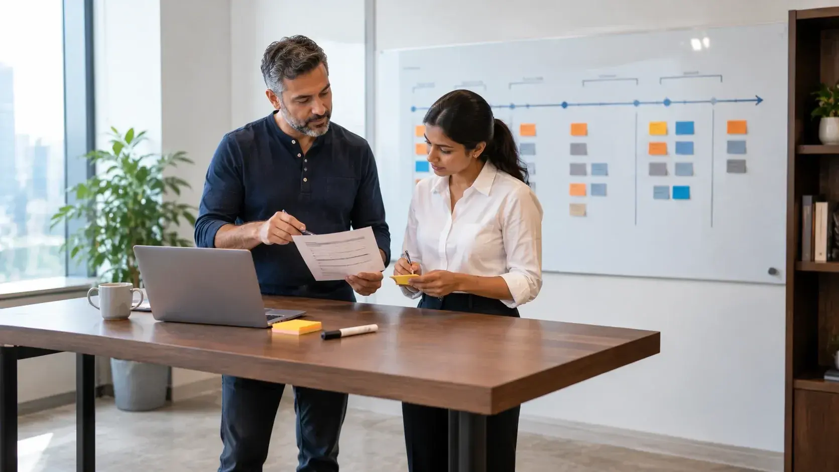 A rewards lead and a project owner review an implementation plan together at a desk.