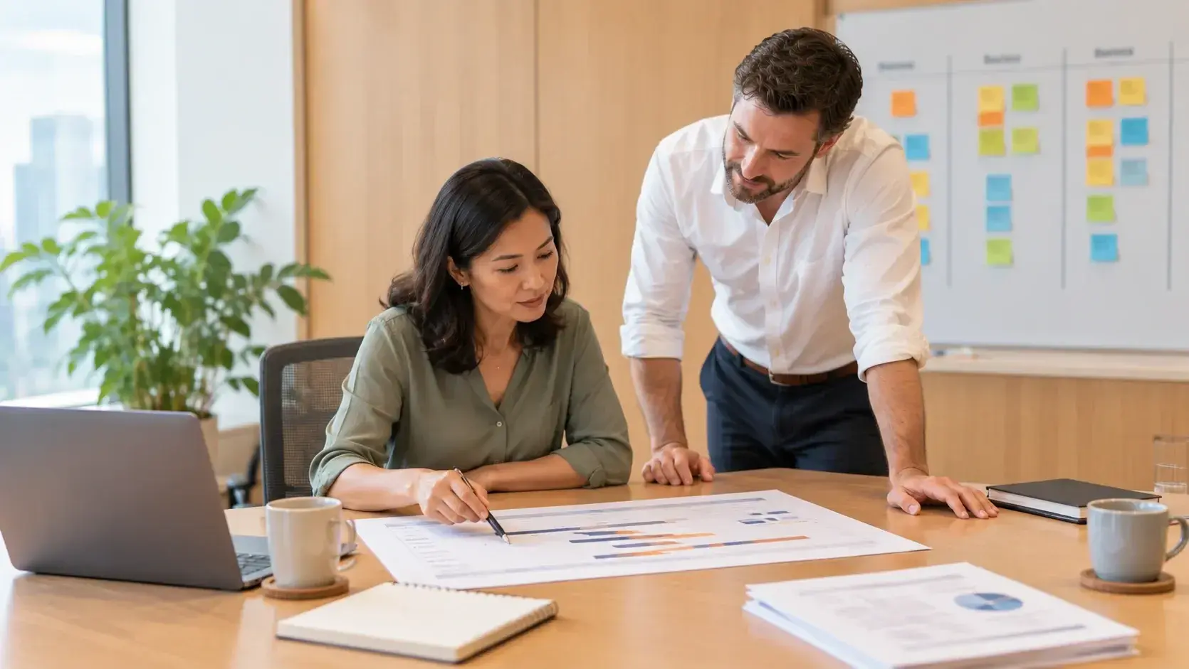 A rewards lead and a project owner review an implementation plan together at a desk