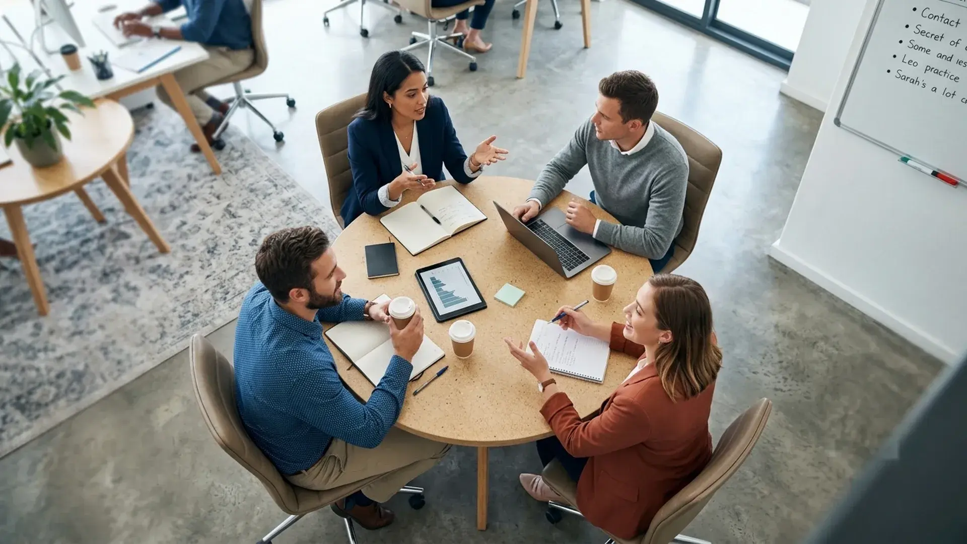 Four colleagues talking around a round table with notebooks, a laptop and coffee in an open-plan office, seen from above.