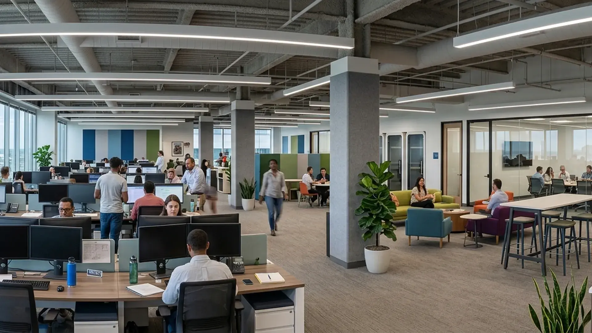 A large open-plan office with rows of desks, people walking between them and a glass-walled meeting room at the back.