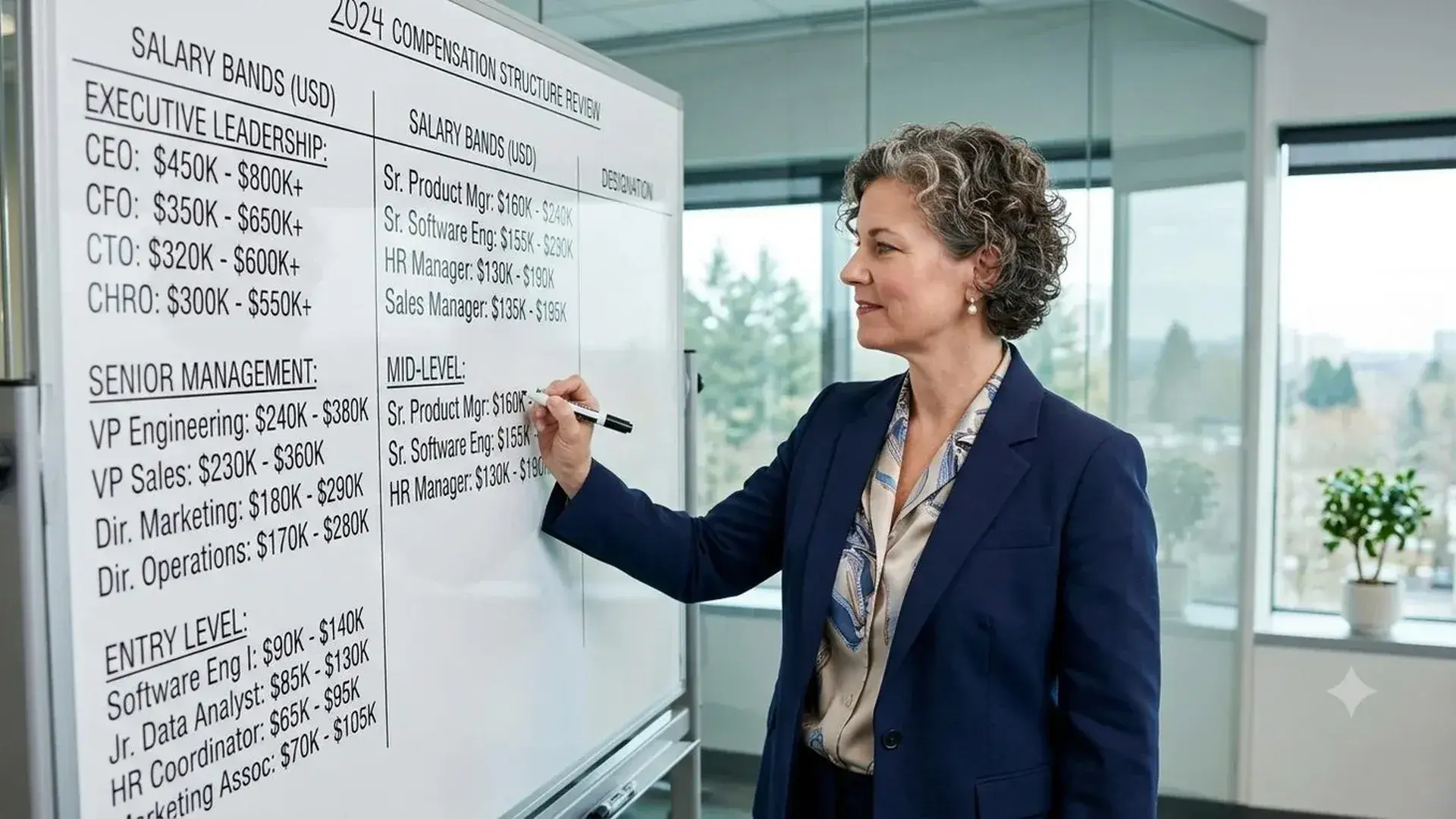 A compensation leader writes salary bands by job level on a whiteboard in a glass-walled office.