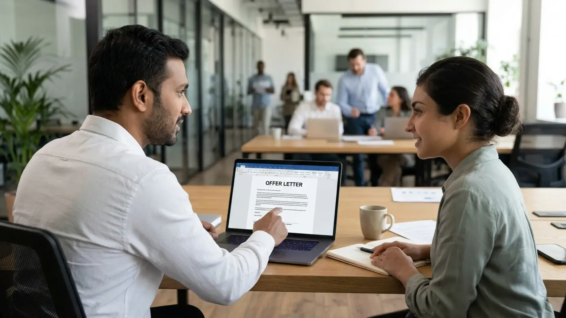 A man points to an offer letter on a laptop while a female colleague listens across a desk in an open-plan office.