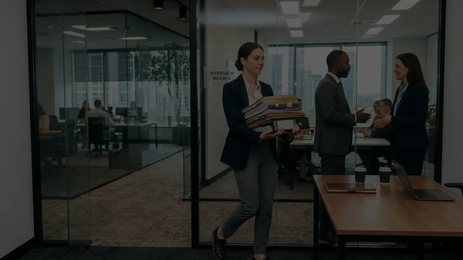 A woman carries a tall stack of folders and binders past an interview room in a glass-walled office while two colleagues talk behind her.