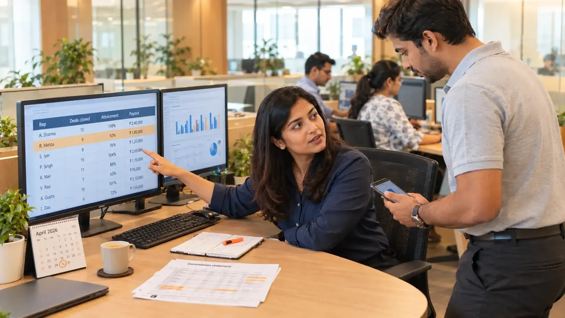 A woman at an office desk points to a commission payout table on her monitor while a colleague standing beside her checks his phone.