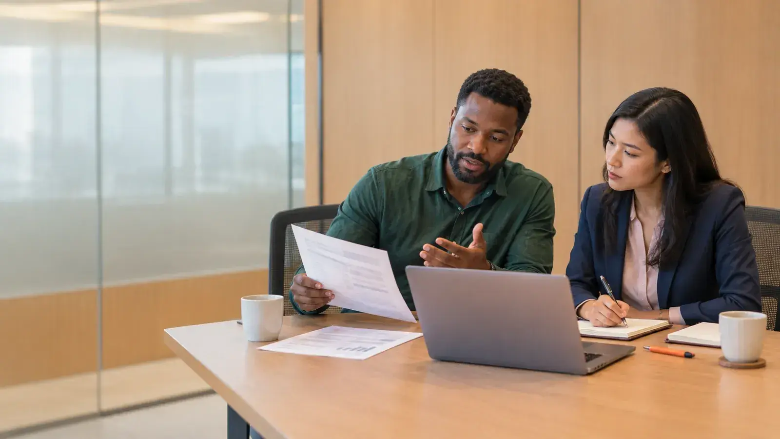 Two colleagues discuss a printed sheet beside an open laptop at a meeting table in a bright office.