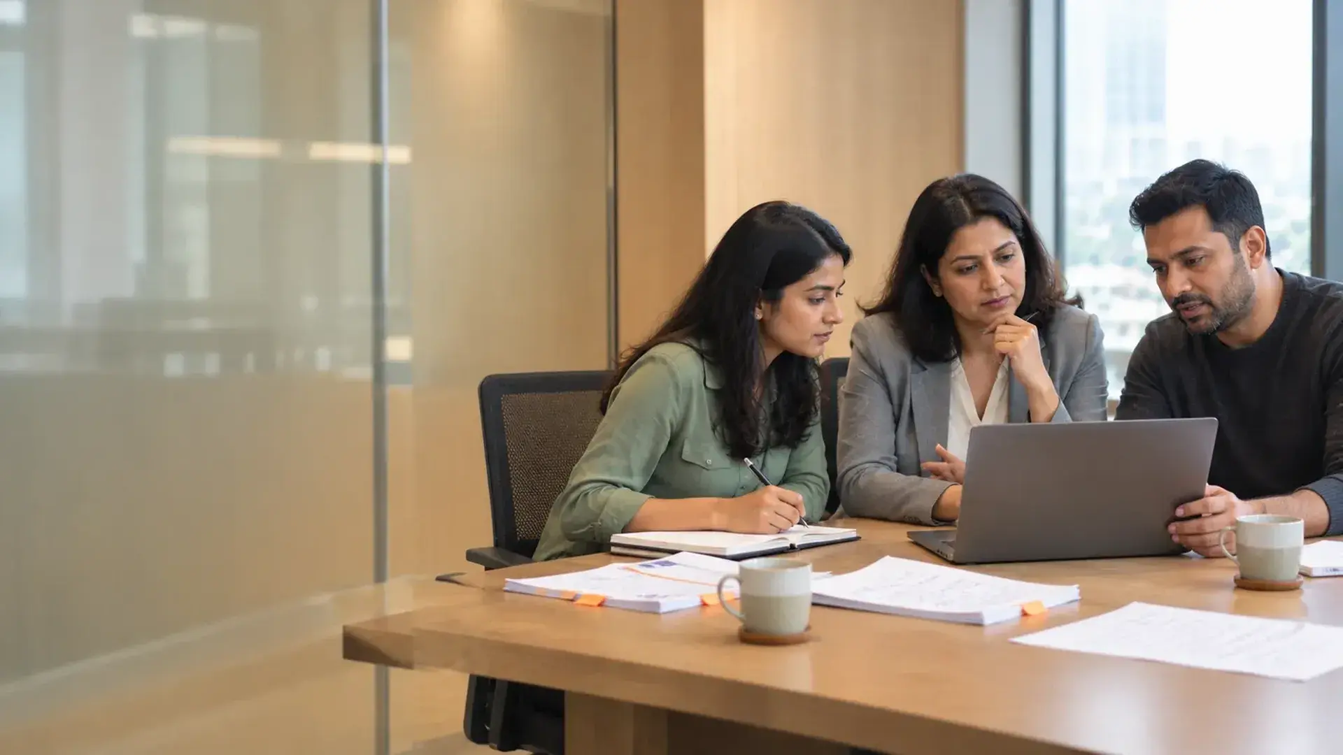 Three colleagues review documents and a laptop together at a meeting table in a glass-walled office.