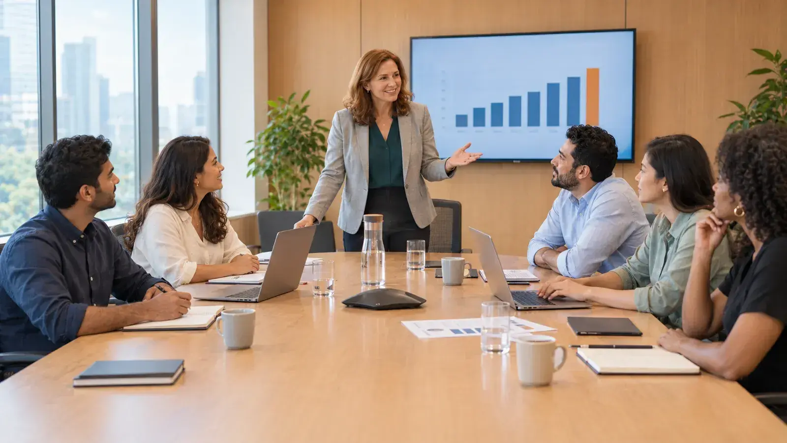 A sales manager reviews quarterly results with a team of five reps around a meeting table