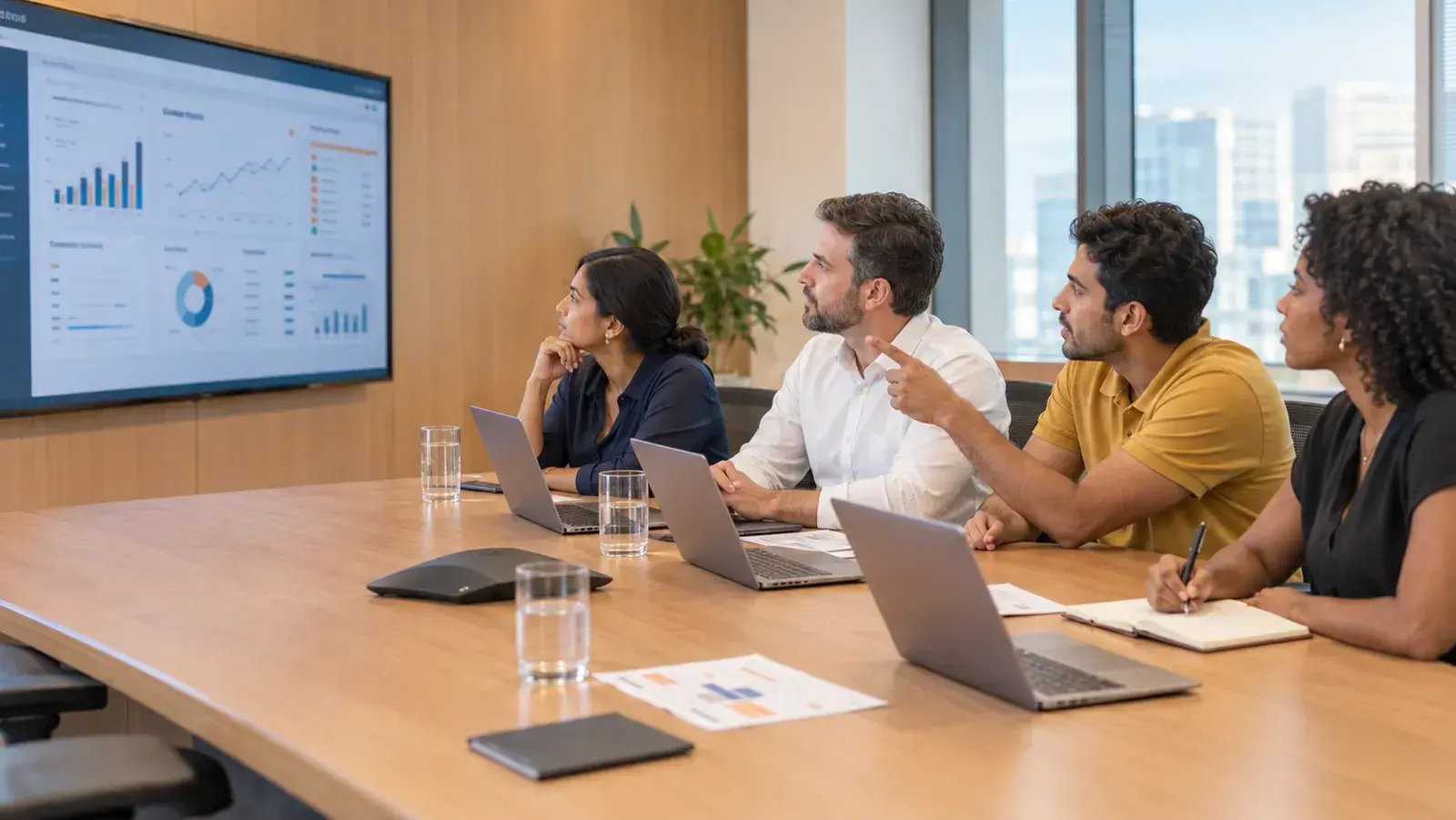 A sales operations team watches a vendor demo on a large screen in a meeting room, with laptops open on the table.