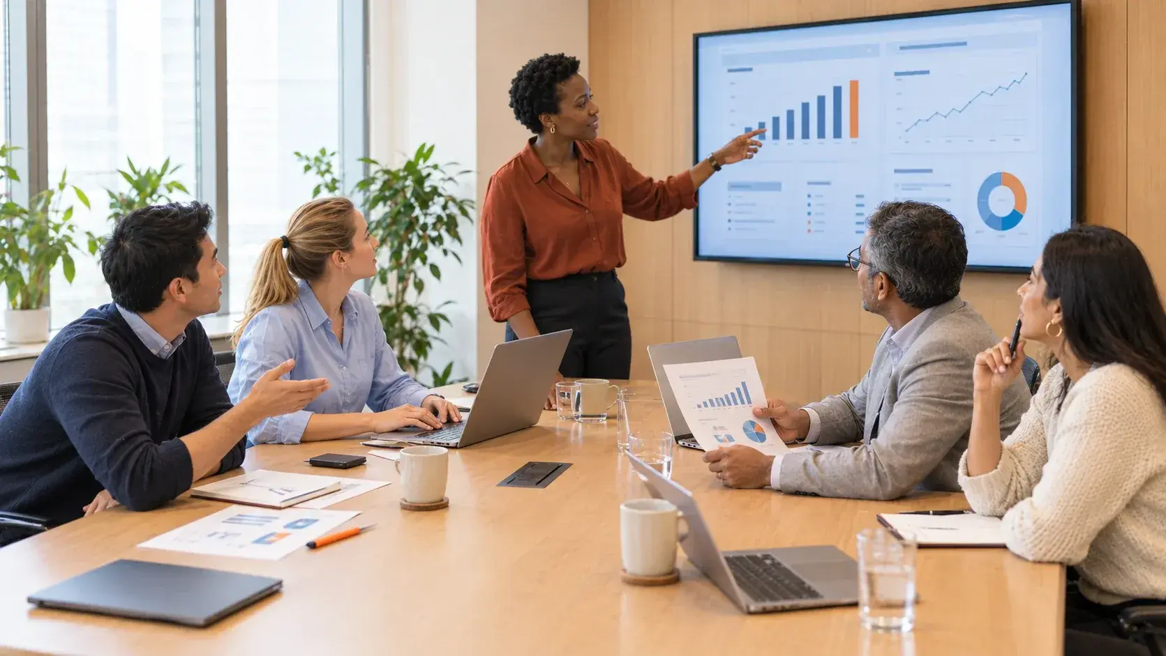 A rewards lead presents pay charts on a wall screen to four colleagues around a meeting table.