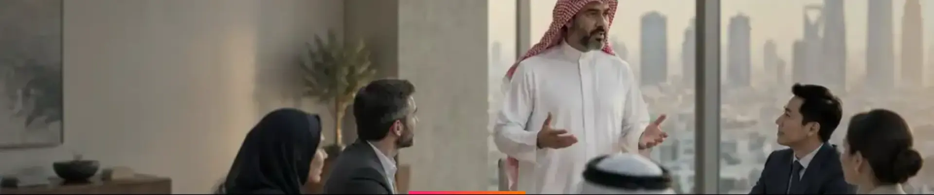 A senior Saudi executive addressing colleagues around a boardroom table in Riyadh