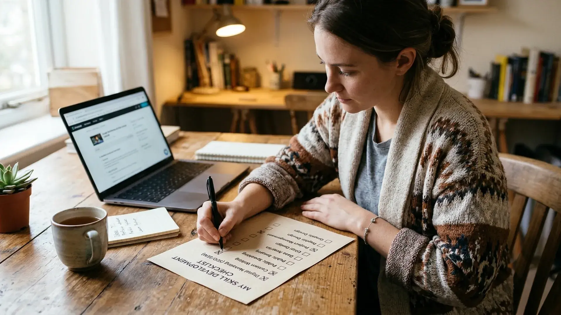 A woman at a wooden desk ticks items on a printed skill development checklist beside an open laptop.