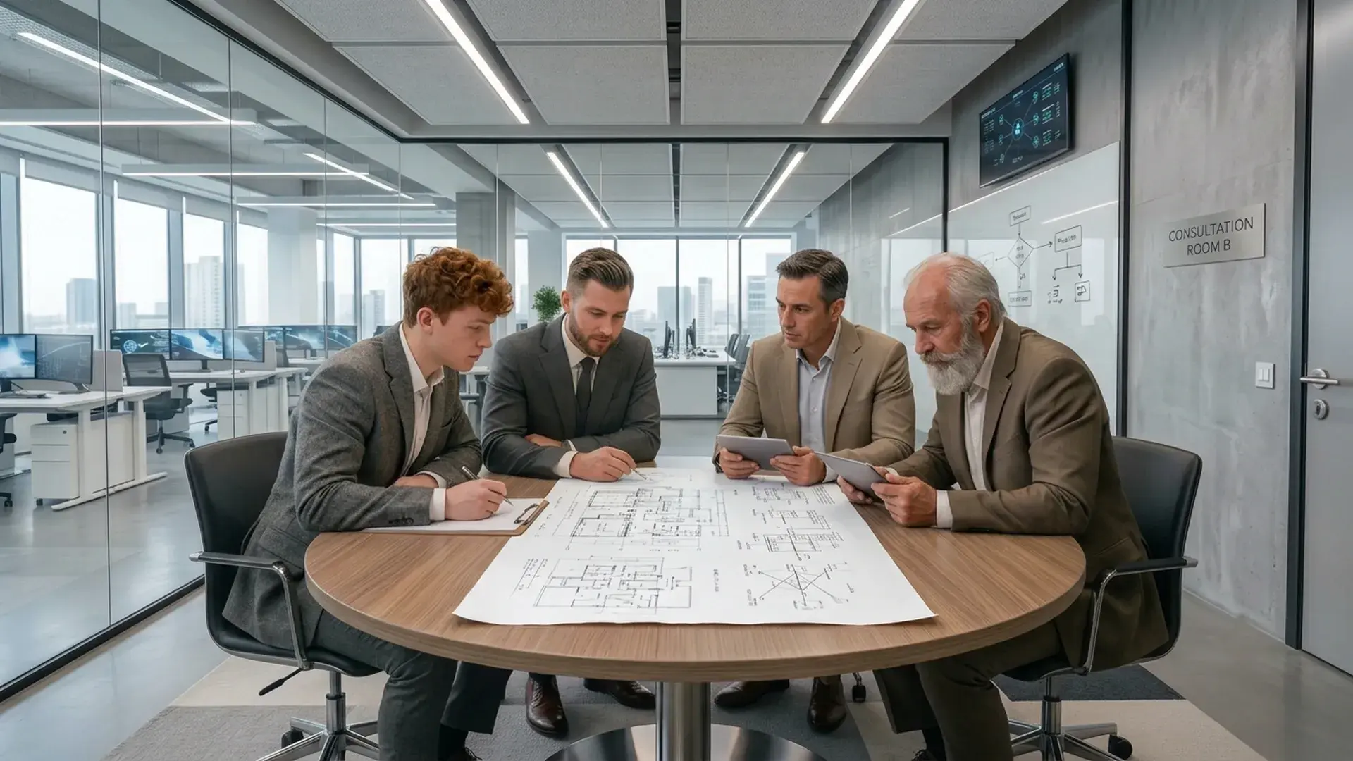Four men in suits review large printed plans spread across a round table in a glass-walled meeting room