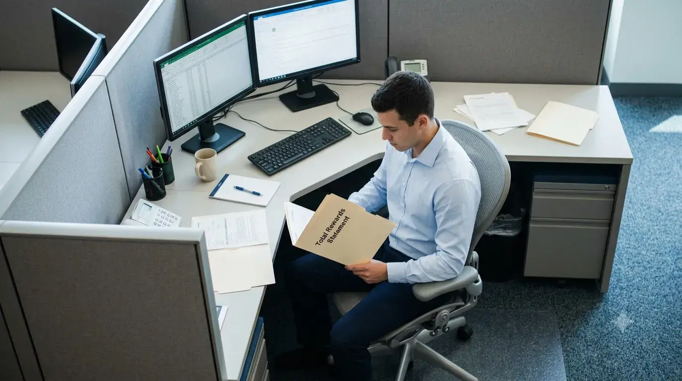 A man in a light blue shirt sits at an office cubicle desk reading a folder labelled Total Rewards Statement.