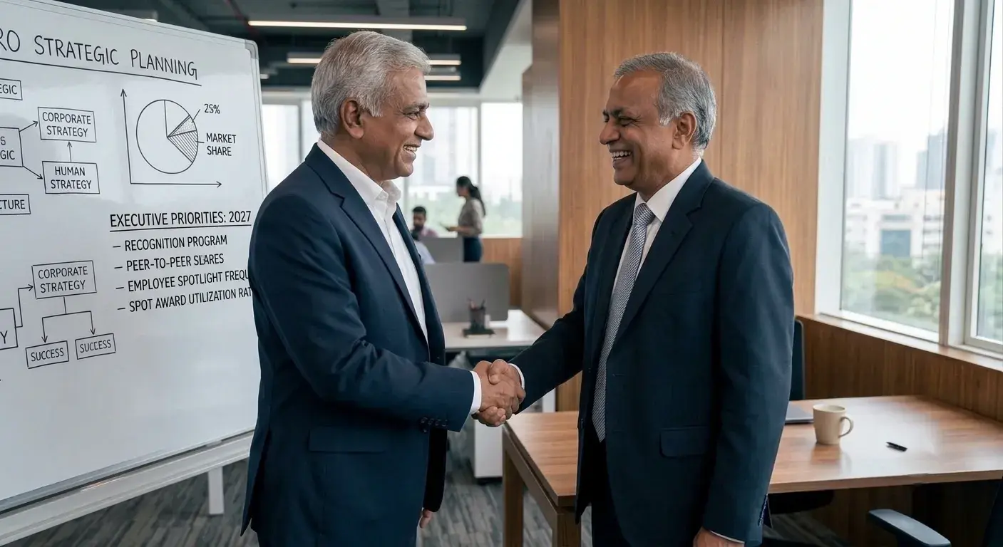 Two executives shake hands beside a whiteboard of strategic planning notes in an office.