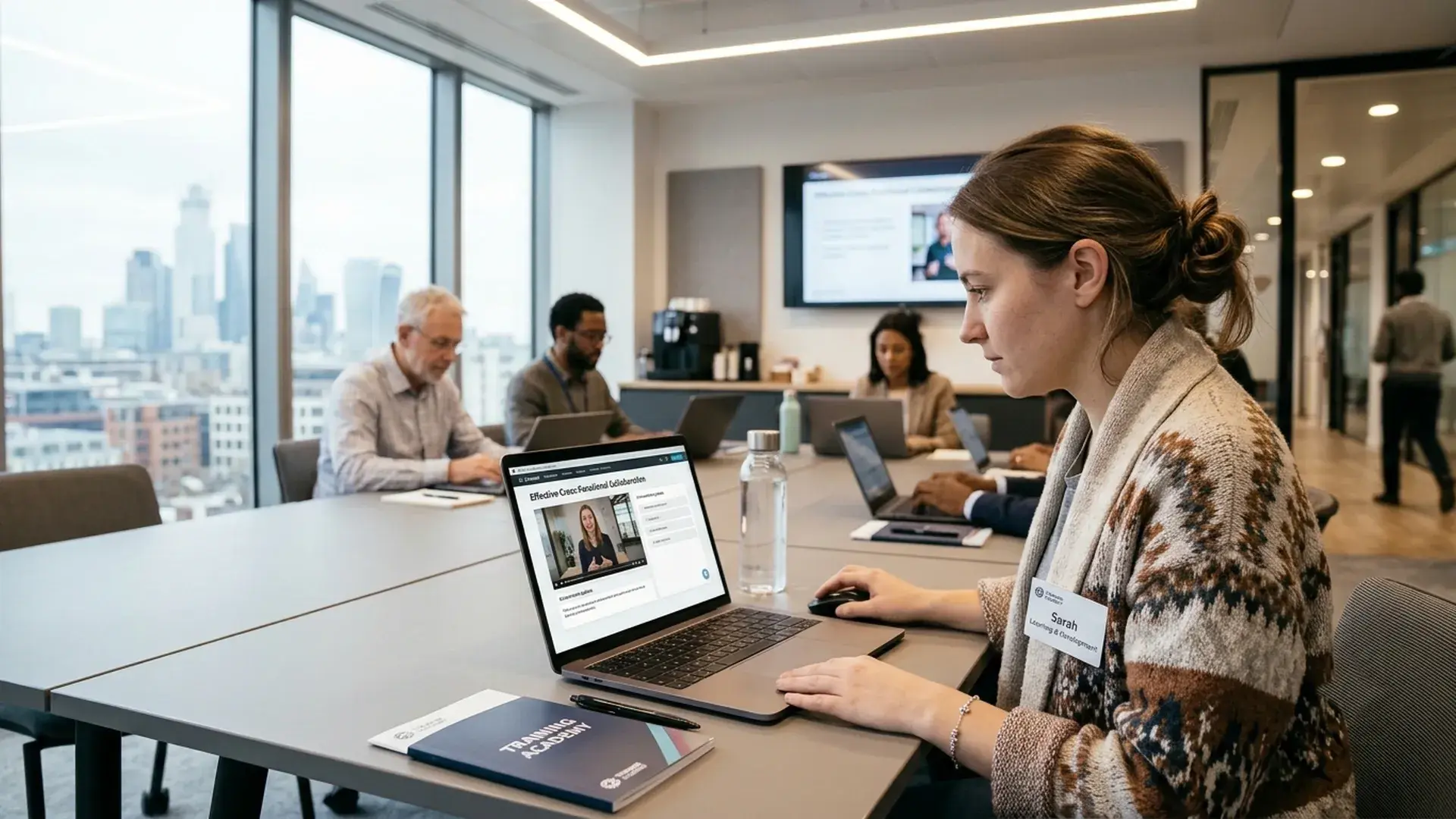 A learning and development lead works on a laptop at a training academy session while colleagues take part around a long table.