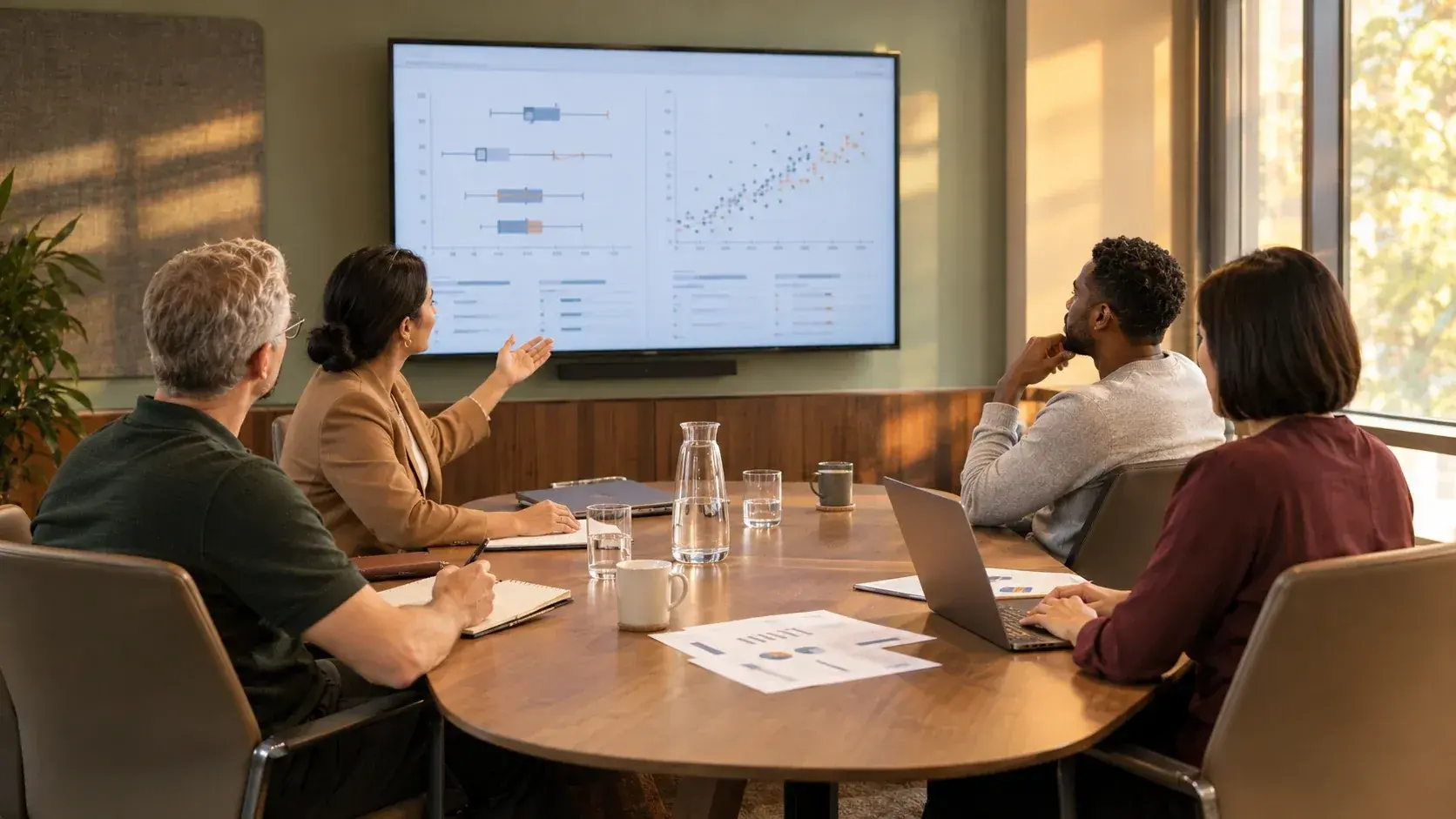 A rewards team reviews pay range and scatter charts on a wall screen in a meeting room.