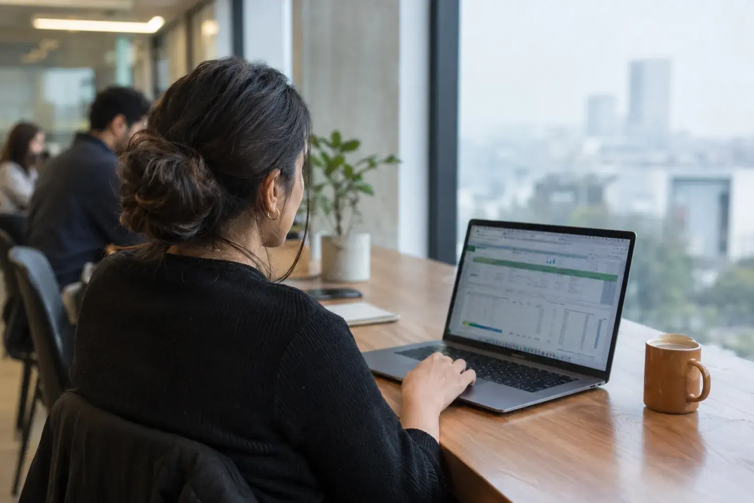 A finance professional working on a spreadsheet on a laptop at a window desk.