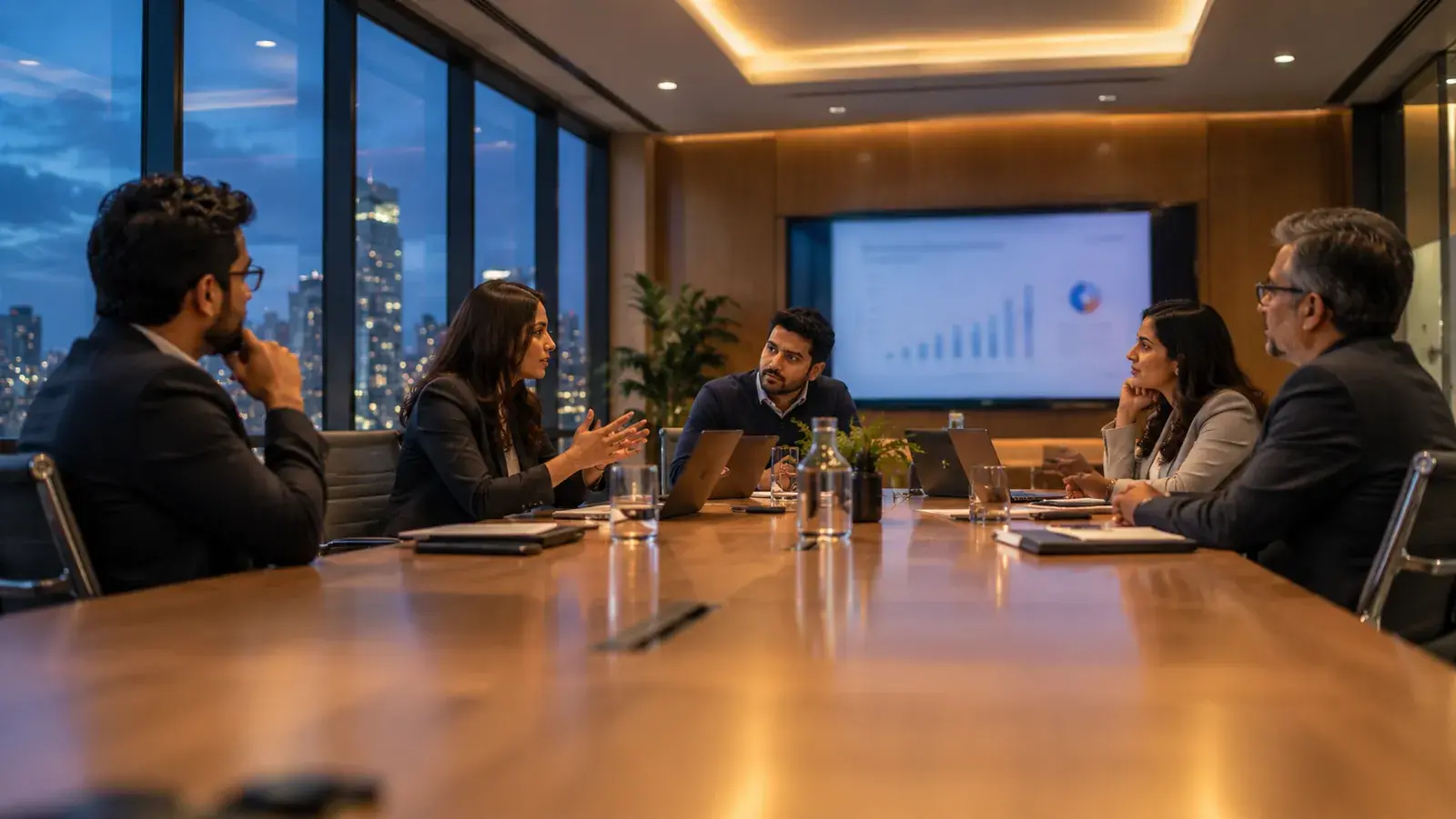 A leadership team discussing results around a boardroom table, with a chart on the screen behind them.
