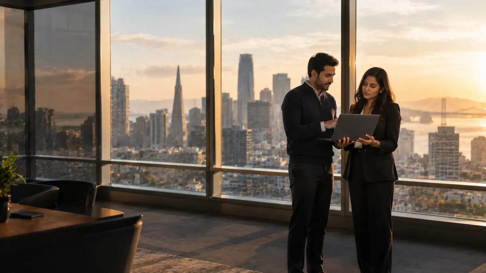 Two colleagues reviewing a laptop in an office overlooking the San Francisco skyline at sunset.